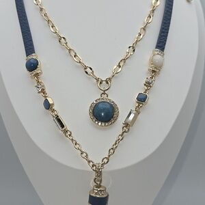 White House Black Market WHBM Gold and Blue Leather Layered Necklace